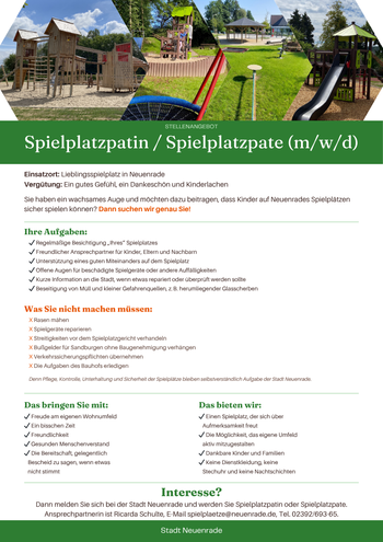 Sie haben ein wachsames Auge und möchten dazu beitragen, dass Kinder auf Neuenrades Spielplätzen sicher spielen können? Dann suchen wir Sie!
